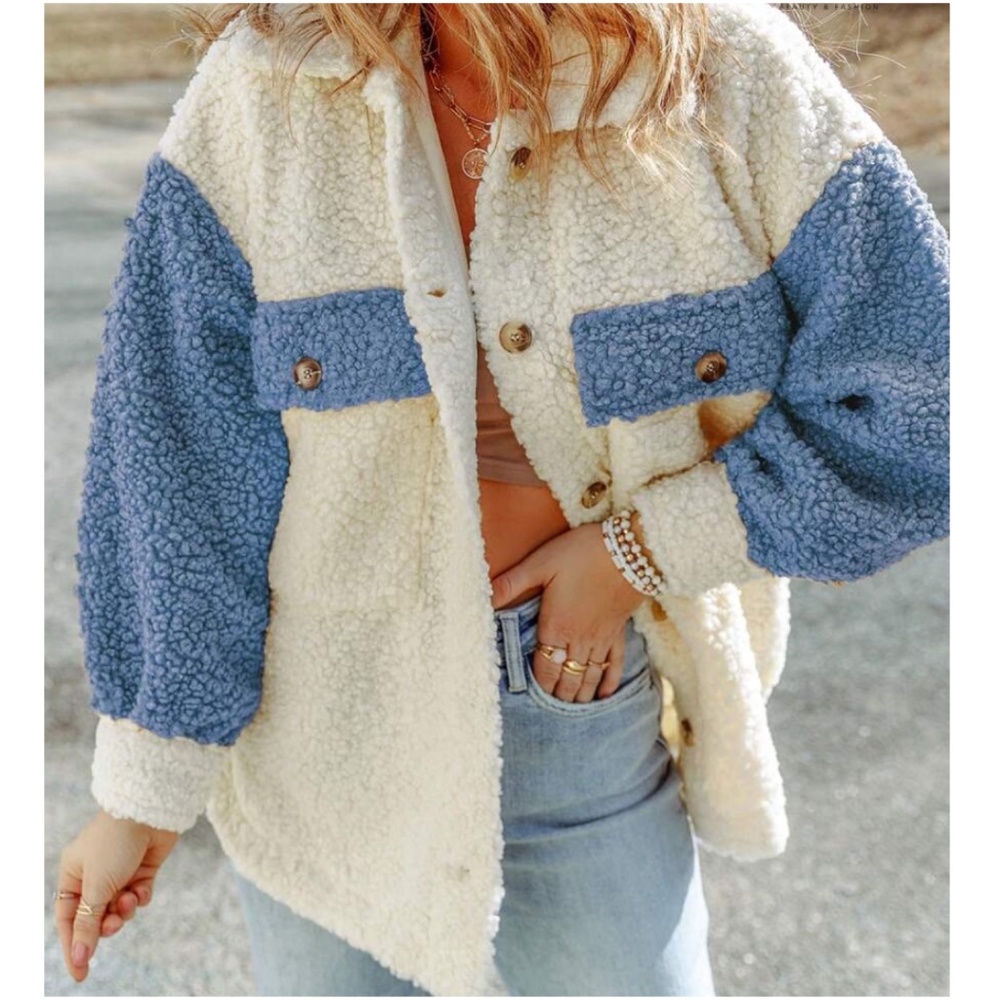 Cozy color Block Button down Pockets Oversized Jacket Shacket - Picture 6 of 6